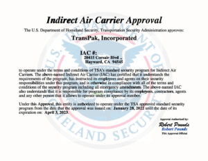 Dept Homeland Security IAC Certificate for TransPak